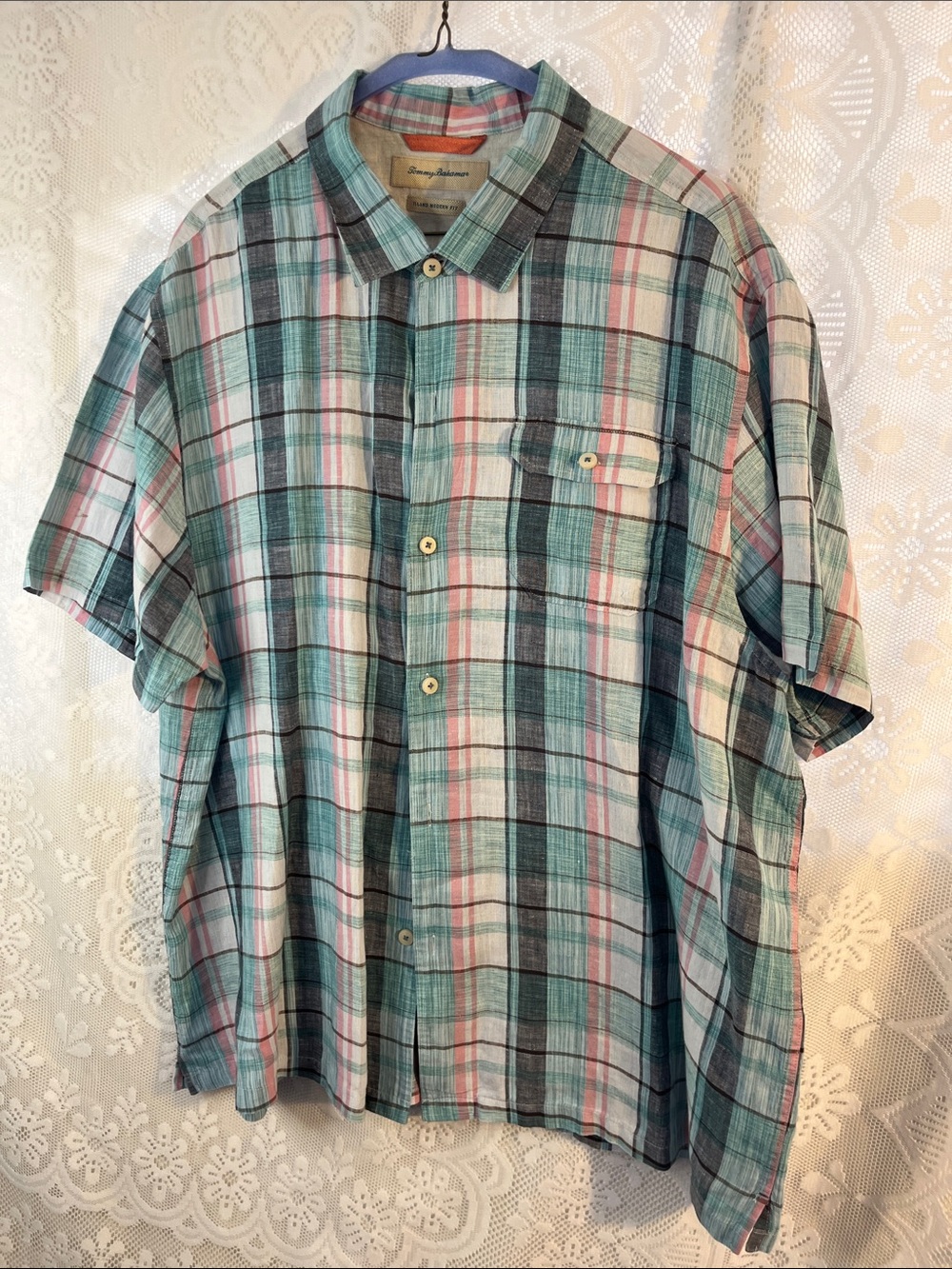 Tommy Bahama linen plaid short sleeve button down XXL